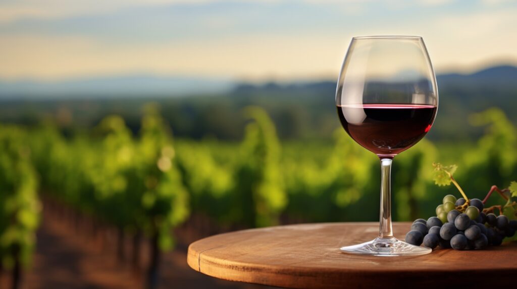 A glass of red wine with vineyard background