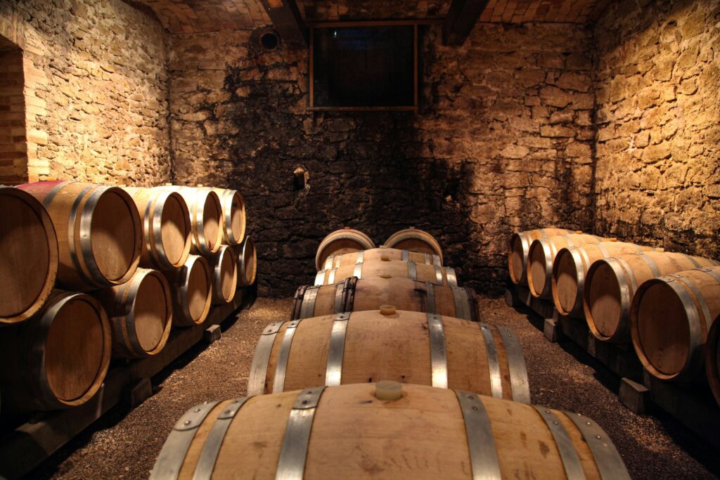 Barrels in winery storage