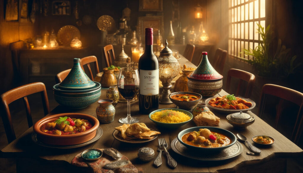 Indian dishes with syrah wine on the table