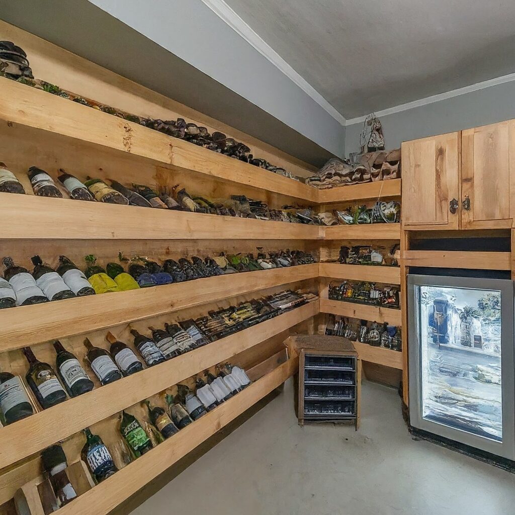 A DIY wine storage shelves inside the garage area