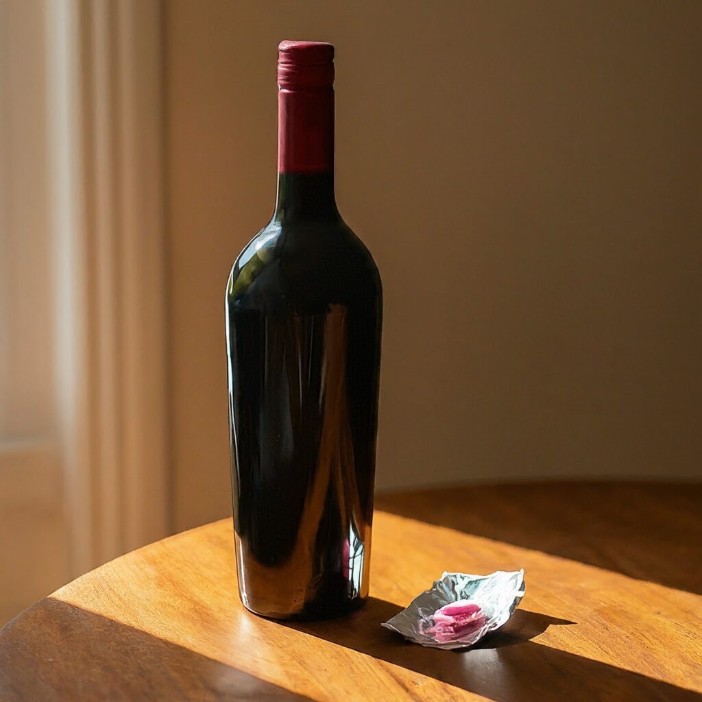 A bottle of wine besides a bubble gum