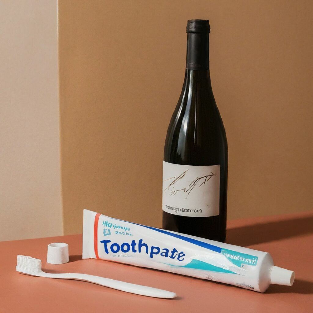 A bottle of wine besides a toothpaste