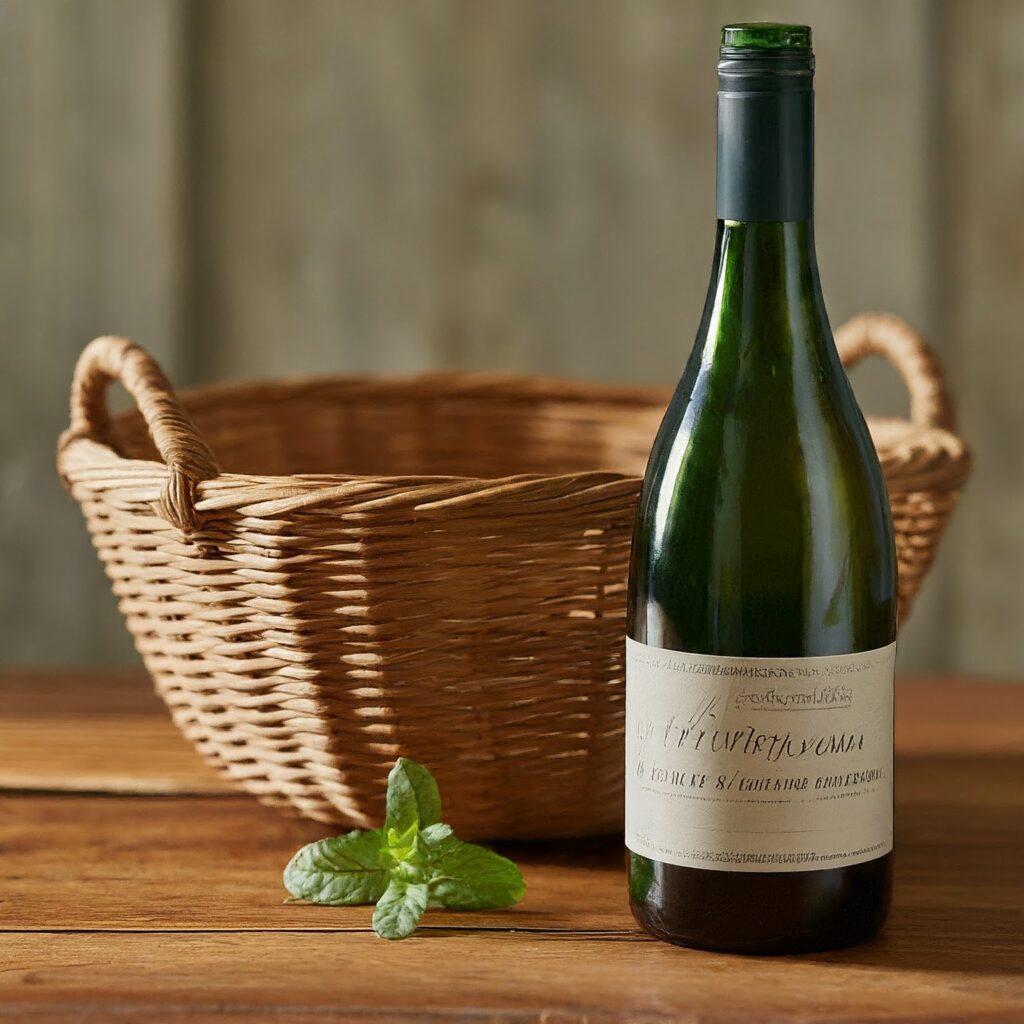 A bottle of wine with a basket and mint leaves