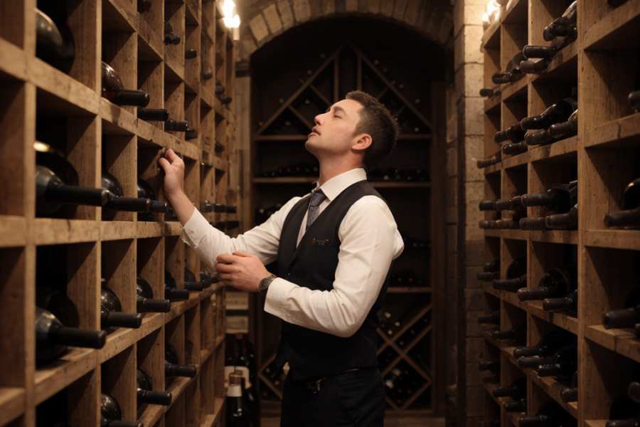 A man in a wine cellar