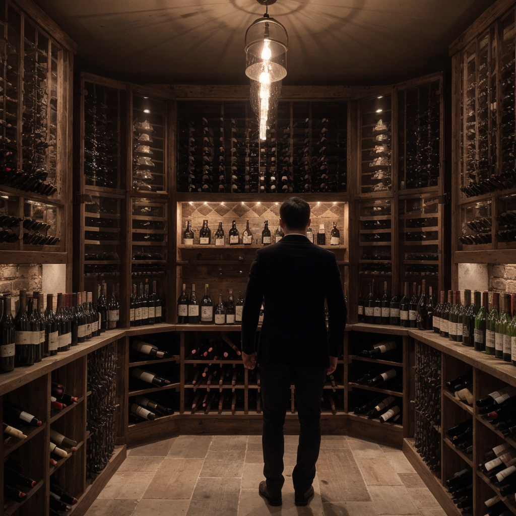A wine collector looking at his wine collection