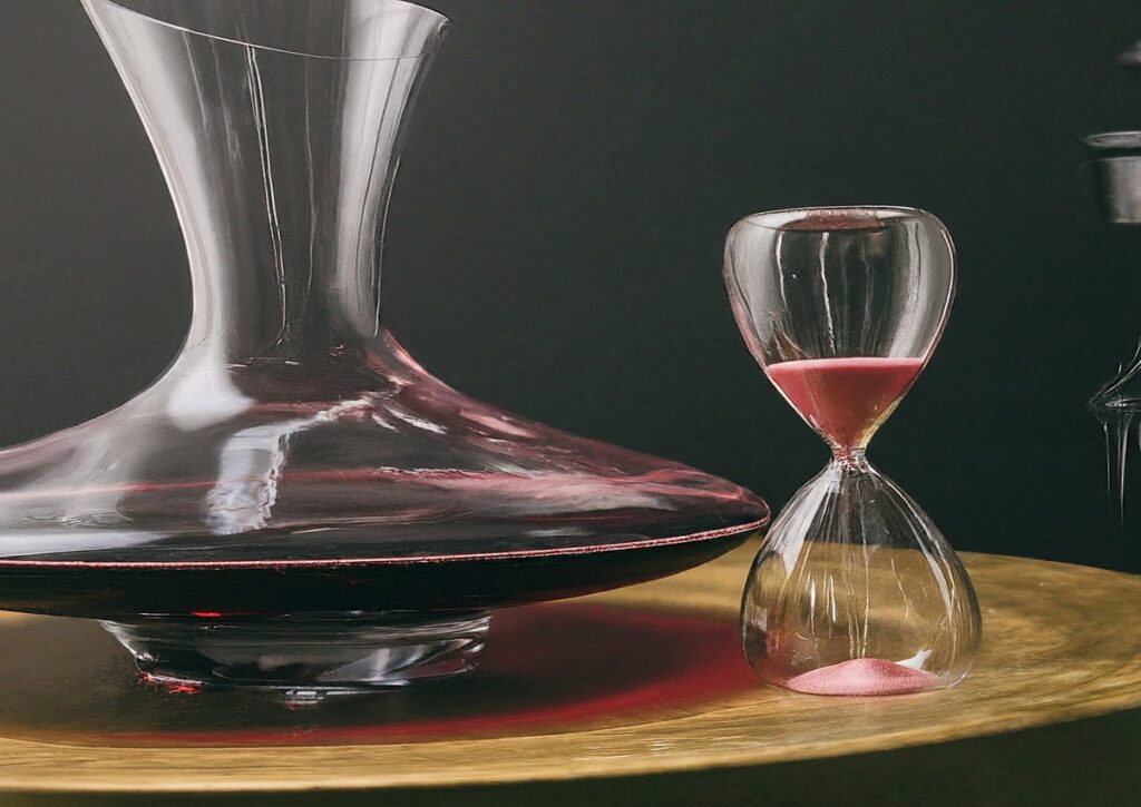 A decanter filled with red wine being timed properly